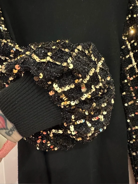 Flying Tomato Black Sweater with Gold-Accent Sequin Grid Sleeves - Picture 6 of 8